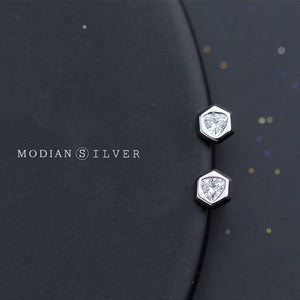 Modian Hexagon Shape Clear CZ Stud Earrings for Women 100% Real 925 Sterling Silver Minimalism Ear Anti-allergy Jewelry Gifts