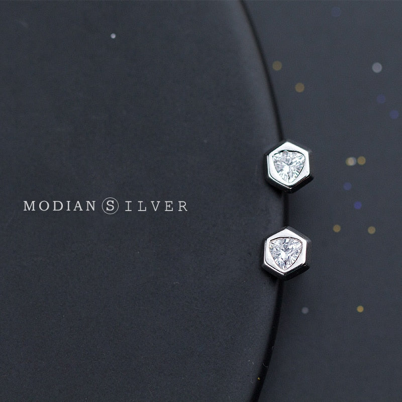 Modian Hexagon Shape Clear CZ Stud Earrings for Women 100% Real 925 Sterling Silver Minimalism Ear Anti-allergy Jewelry Gifts