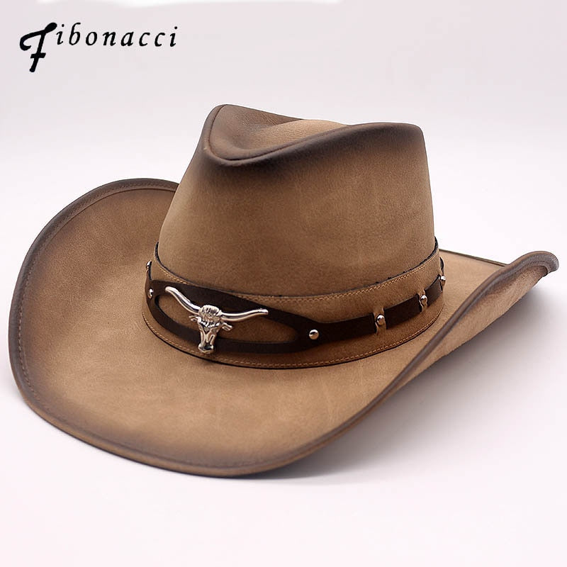 Top Quality West Cowboy Hat Fashion Faux Leather Metal Bull Head Decoration Sombrero Western Men Women Cap
