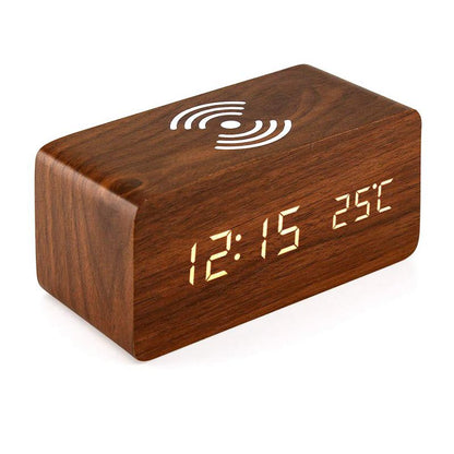 Alarm Clock With For Qi Wireless Charging Pad Compatible With For iPhone Samsung Wood Led Digital Clock Sound Control Function