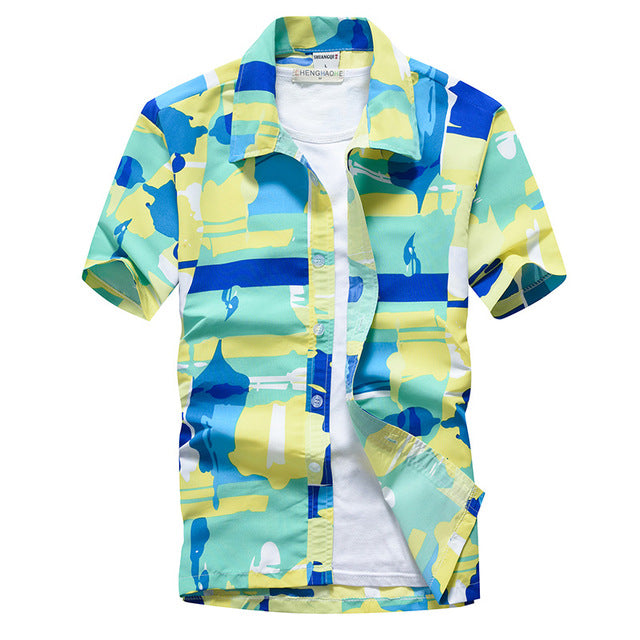 Colorful Patchwork Printed Hawaiian Style Beach Shirt for Men Short Sleeve Comfortable Shirts