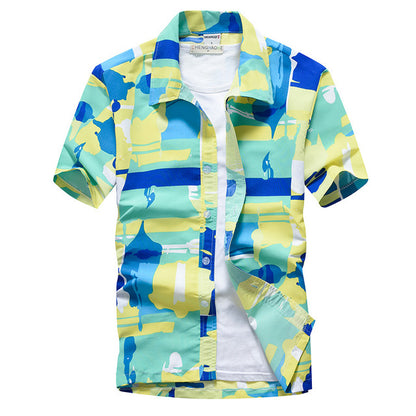 Colorful Patchwork Printed Hawaiian Style Beach Shirt for Men Short Sleeve Comfortable Shirts