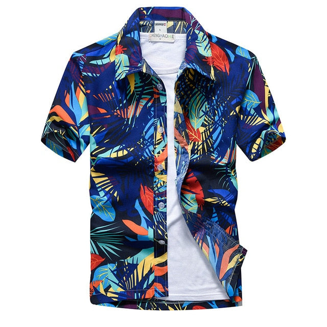 Colorful Patchwork Printed Hawaiian Style Beach Shirt for Men Short Sleeve Comfortable Shirts