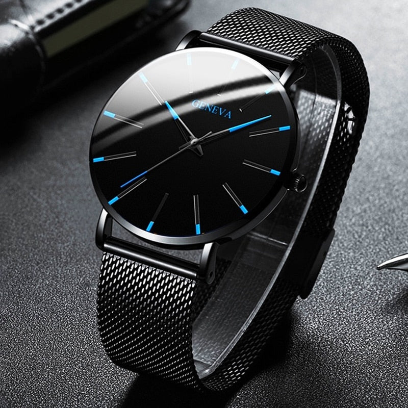 Minimalist menswear ultra thin watches simple business stainless steel mesh belt quartz watch