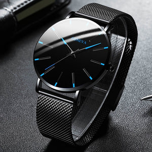 Minimalist menswear ultra thin watches simple business stainless steel mesh belt quartz watch