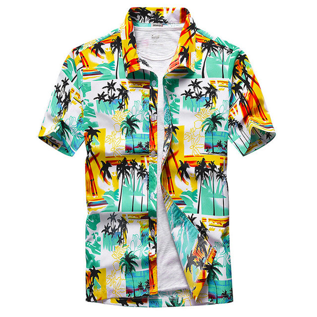 Colorful Patchwork Printed Hawaiian Style Beach Shirt for Men Short Sleeve Comfortable Shirts