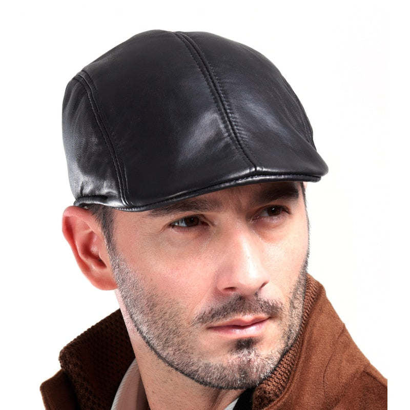 Men's Fashion Paperboy Style 100% Genuine Leather Cap Newsboy Caps Beret Head Cover Cabbie Hat Golf Hats Sheepskin Leather
