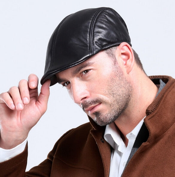 Men's Fashion Paperboy Style 100% Genuine Leather Cap Newsboy Caps Beret Head Cover Cabbie Hat Golf Hats Sheepskin Leather