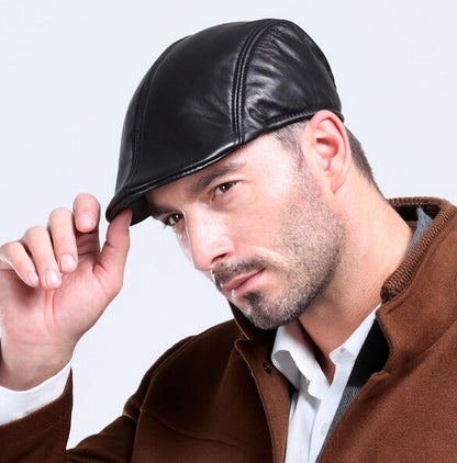Men's Fashion Paperboy Style 100% Genuine Leather Cap Newsboy Caps Beret Head Cover Cabbie Hat Golf Hats Sheepskin Leather