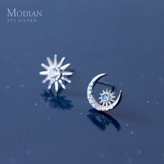 Modian Authentic 925 Sterling Silver Rose Gold Color Moon And Sun Stud Earrings for Women Jewelry Ear Pins Gifts