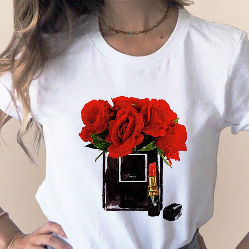 Women Clothes Print Flower Perfume Bottle Sweet Short Sleeve T-shirt Printed Women Shirt T Female T-shirts Top Casual Woman Tee
