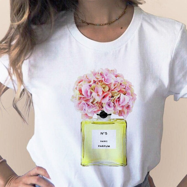 Women Clothes Print Flower Perfume Bottle Sweet Short Sleeve T-shirt Printed Women Shirt T Female T-shirts Top Casual Woman Tee