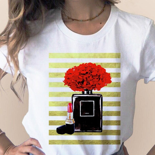 Women Clothes Print Flower Perfume Bottle Sweet Short Sleeve T-shirt Printed Women Shirt T Female T-shirts Top Casual Woman Tee