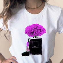 Load image into Gallery viewer, Women Clothes Print Flower Perfume Bottle Sweet Short Sleeve T-shirt Printed Women Shirt T Female T-shirts Top Casual Woman Tee
