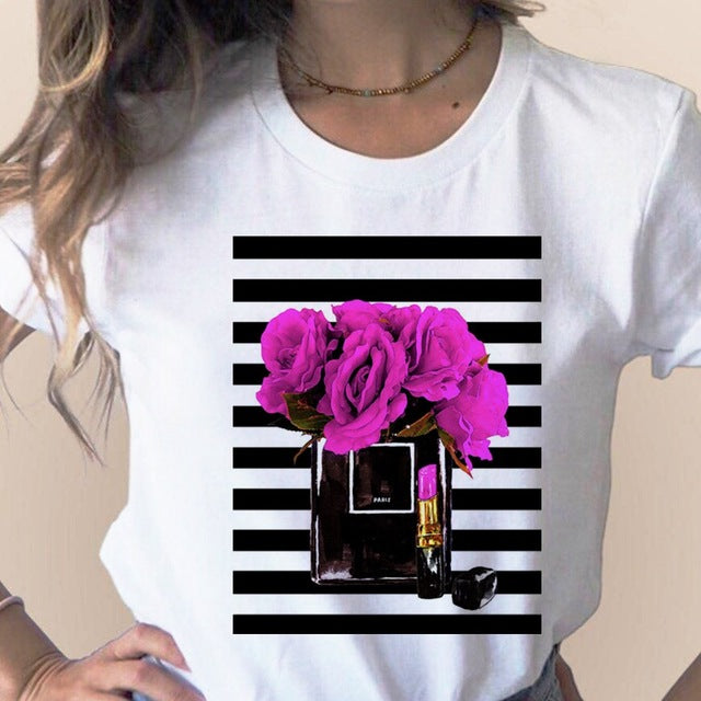 Women Clothes Print Flower Perfume Bottle Sweet Short Sleeve T-shirt Printed Women Shirt T Female T-shirts Top Casual Woman Tee