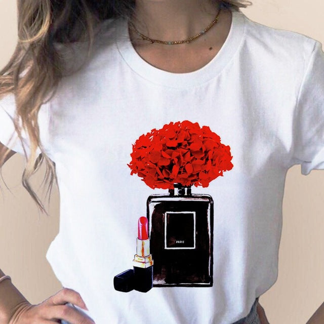 Women Clothes Print Flower Perfume Bottle Sweet Short Sleeve T-shirt Printed Women Shirt T Female T-shirts Top Casual Woman Tee