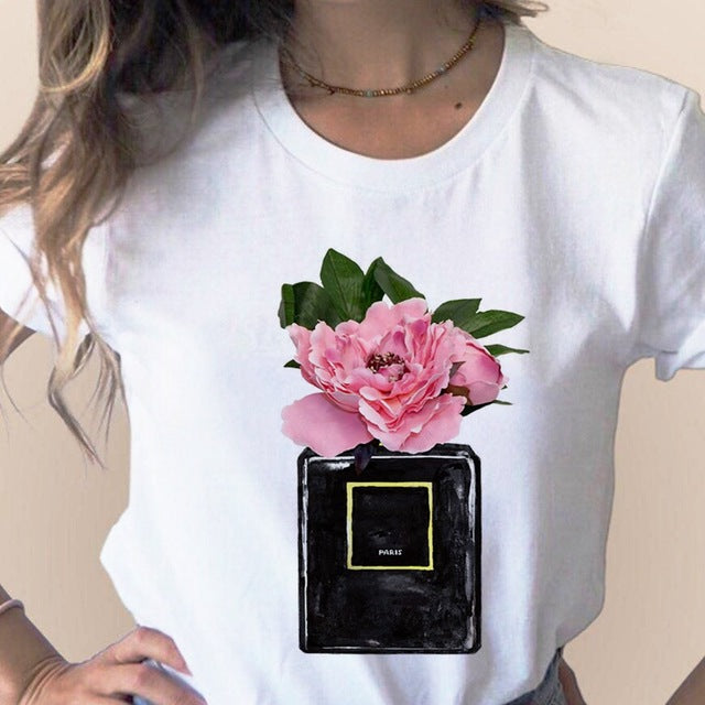 Women Clothes Print Flower Perfume Bottle Sweet Short Sleeve T-shirt Printed Women Shirt T Female T-shirts Top Casual Woman Tee
