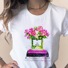 Load image into Gallery viewer, Women Clothes Print Flower Perfume Bottle Sweet Short Sleeve T-shirt Printed Women Shirt T Female T-shirts Top Casual Woman Tee
