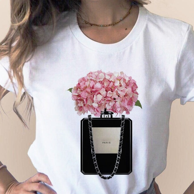 Women Clothes Print Flower Perfume Bottle Sweet Short Sleeve T-shirt Printed Women Shirt T Female T-shirts Top Casual Woman Tee