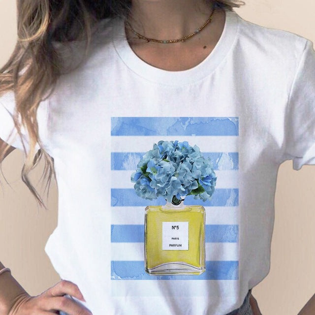 Women Clothes Print Flower Perfume Bottle Sweet Short Sleeve T-shirt Printed Women Shirt T Female T-shirts Top Casual Woman Tee