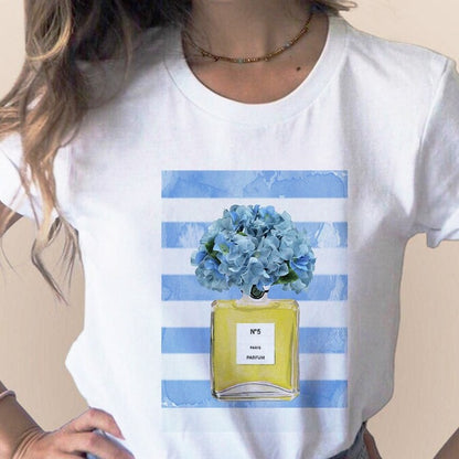 Women Clothes Print Flower Perfume Bottle Sweet Short Sleeve T-shirt Printed Women Shirt T Female T-shirts Top Casual Woman Tee