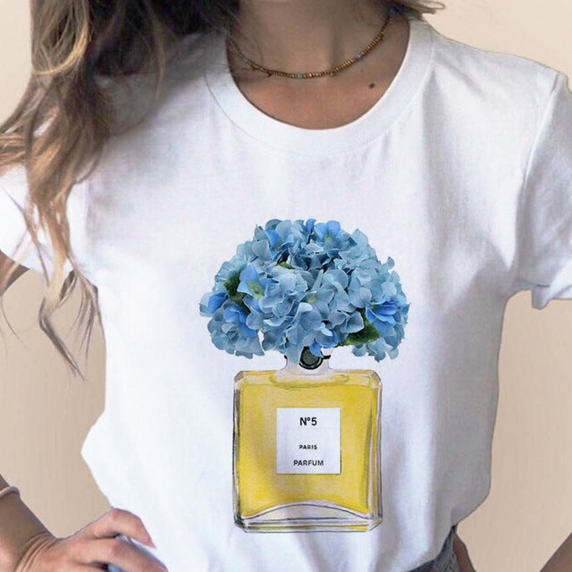 Women Clothes Print Flower Perfume Bottle Sweet Short Sleeve T-shirt Printed Women Shirt T Female T-shirts Top Casual Woman Tee