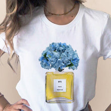 Load image into Gallery viewer, Women Clothes Print Flower Perfume Bottle Sweet Short Sleeve T-shirt Printed Women Shirt T Female T-shirts Top Casual Woman Tee
