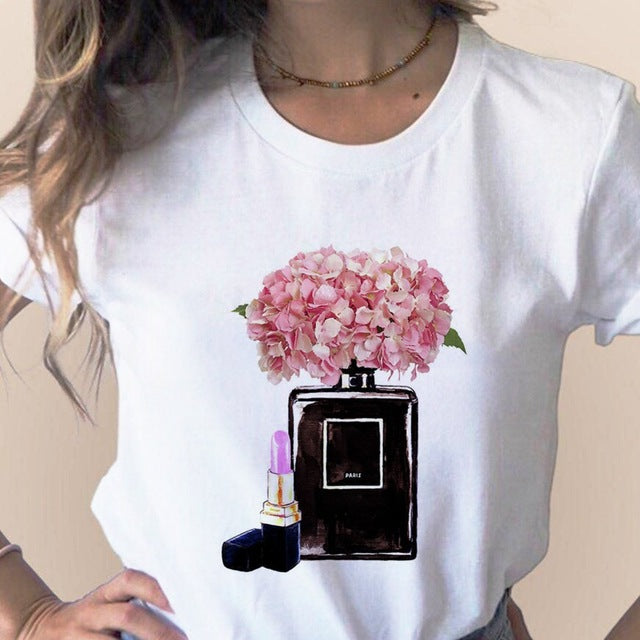 Women Clothes Print Flower Perfume Bottle Sweet Short Sleeve T-shirt Printed Women Shirt T Female T-shirts Top Casual Woman Tee
