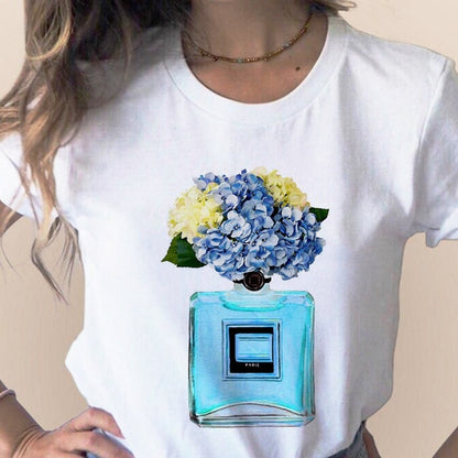 Women Clothes Print Flower Perfume Bottle Sweet Short Sleeve T-shirt Printed Women Shirt T Female T-shirts Top Casual Woman Tee