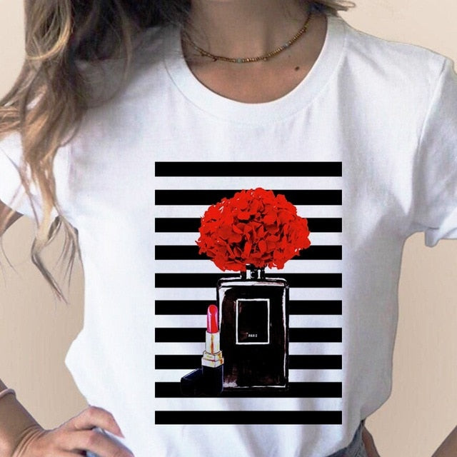 Women Clothes Print Flower Perfume Bottle Sweet Short Sleeve T-shirt Printed Women Shirt T Female T-shirts Top Casual Woman Tee