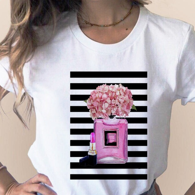 Women Clothes Print Flower Perfume Bottle Sweet Short Sleeve T-shirt Printed Women Shirt T Female T-shirts Top Casual Woman Tee