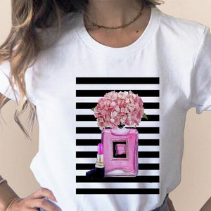 Women Clothes Print Flower Perfume Bottle Sweet Short Sleeve T-shirt Printed Women Shirt T Female T-shirts Top Casual Woman Tee