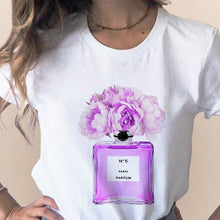 Load image into Gallery viewer, Women Clothes Print Flower Perfume Bottle Sweet Short Sleeve T-shirt Printed Women Shirt T Female T-shirts Top Casual Woman Tee

