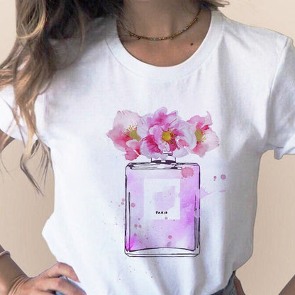 Women Clothes Print Flower Perfume Bottle Sweet Short Sleeve T-shirt Printed Women Shirt T Female T-shirts Top Casual Woman Tee