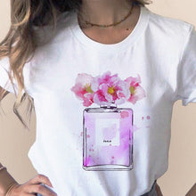 Load image into Gallery viewer, Women Clothes Print Flower Perfume Bottle Sweet Short Sleeve T-shirt Printed Women Shirt T Female T-shirts Top Casual Woman Tee
