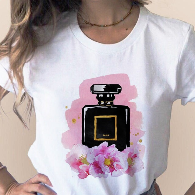 Women Clothes Print Flower Perfume Bottle Sweet Short Sleeve T-shirt Printed Women Shirt T Female T-shirts Top Casual Woman Tee