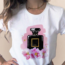 Load image into Gallery viewer, Women Clothes Print Flower Perfume Bottle Sweet Short Sleeve T-shirt Printed Women Shirt T Female T-shirts Top Casual Woman Tee
