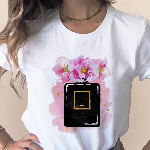 Women Clothes Print Flower Perfume Bottle Sweet Short Sleeve T-shirt Printed Women Shirt T Female T-shirts Top Casual Woman Tee