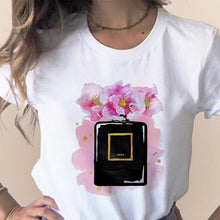 Load image into Gallery viewer, Women Clothes Print Flower Perfume Bottle Sweet Short Sleeve T-shirt Printed Women Shirt T Female T-shirts Top Casual Woman Tee
