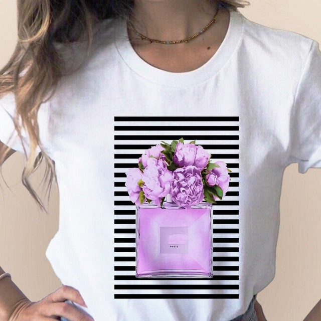 Women Clothes Print Flower Perfume Bottle Sweet Short Sleeve T-shirt Printed Women Shirt T Female T-shirts Top Casual Woman Tee