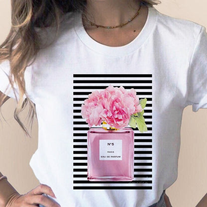 Women Clothes Print Flower Perfume Bottle Sweet Short Sleeve T-shirt Printed Women Shirt T Female T-shirts Top Casual Woman Tee