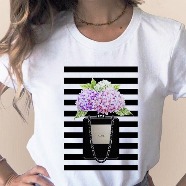 Women Clothes Print Flower Perfume Bottle Sweet Short Sleeve T-shirt Printed Women Shirt T Female T-shirts Top Casual Woman Tee