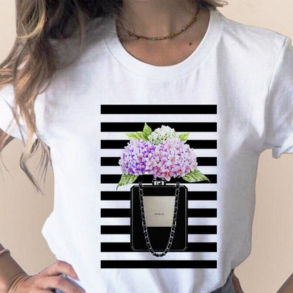 Women Clothes Print Flower Perfume Bottle Sweet Short Sleeve T-shirt Printed Women Shirt T Female T-shirts Top Casual Woman Tee