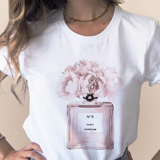 Women Clothes Print Flower Perfume Bottle Sweet Short Sleeve T-shirt Printed Women Shirt T Female T-shirts Top Casual Woman Tee