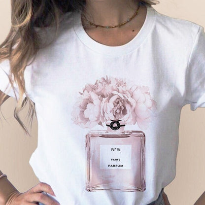 Women Clothes Print Flower Perfume Bottle Sweet Short Sleeve T-shirt Printed Women Shirt T Female T-shirts Top Casual Woman Tee