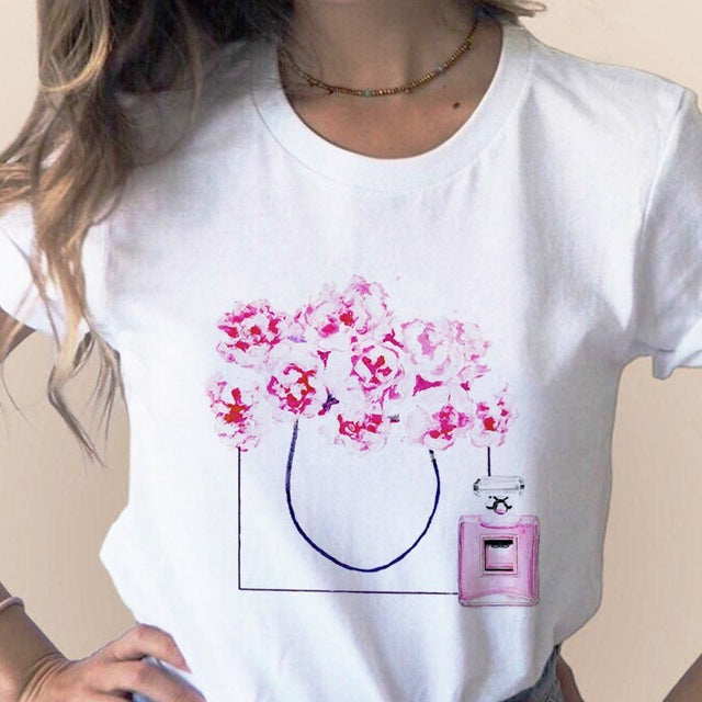 Women Clothes Print Flower Perfume Bottle Sweet Short Sleeve T-shirt Printed Women Shirt T Female T-shirts Top Casual Woman Tee