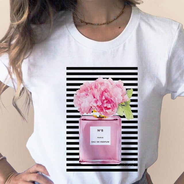Women Clothes Print Flower Perfume Bottle Sweet Short Sleeve T-shirt Printed Women Shirt T Female T-shirts Top Casual Woman Tee