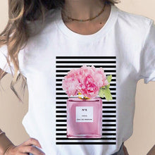 Load image into Gallery viewer, Women Clothes Print Flower Perfume Bottle Sweet Short Sleeve T-shirt Printed Women Shirt T Female T-shirts Top Casual Woman Tee
