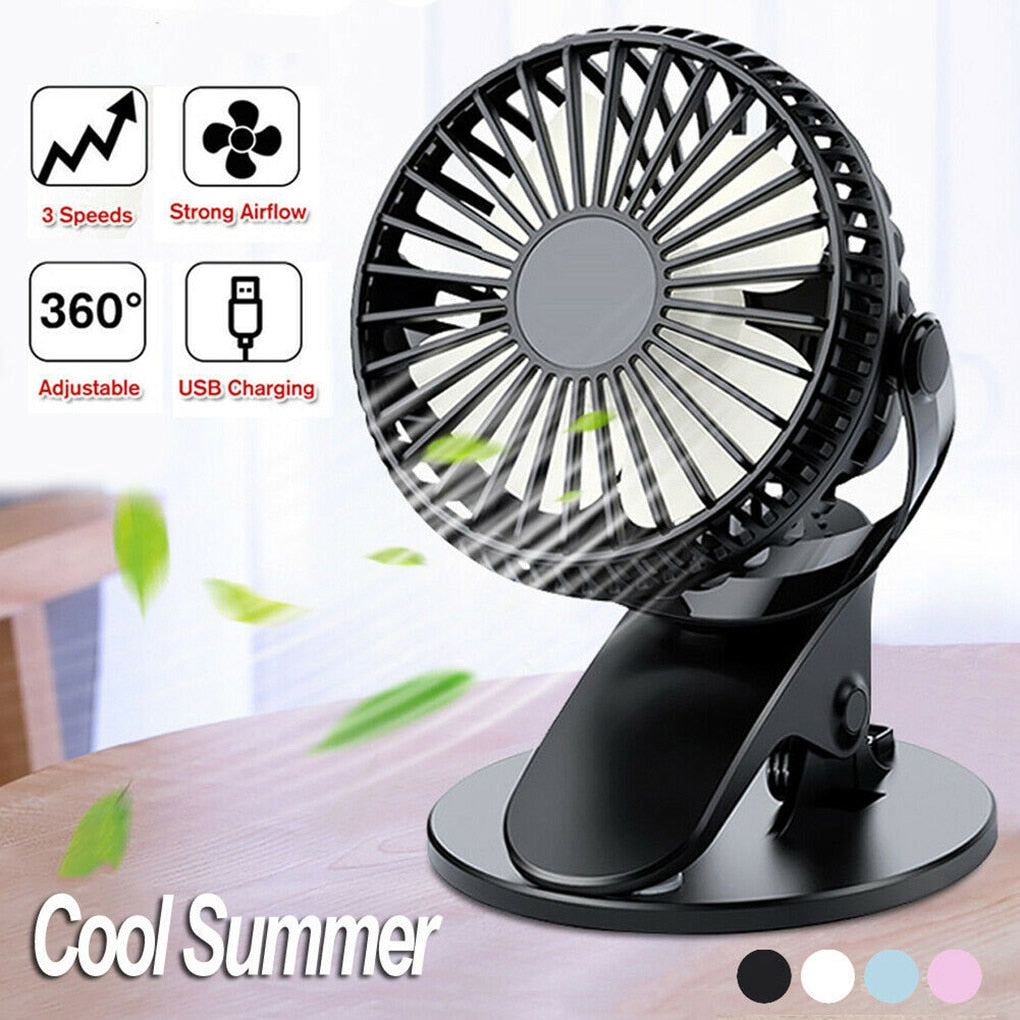 3-Speed Portable Table Fan Clip-on USB Type Rechargeable Cooling Mini Desk Fan Adjustable 360 Degree Rotation