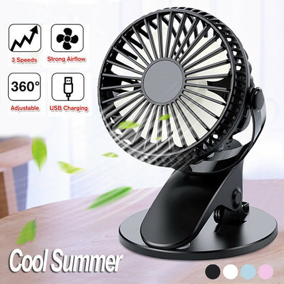 3-Speed Portable Table Fan Clip-on USB Type Rechargeable Cooling Mini Desk Fan Adjustable 360 Degree Rotation